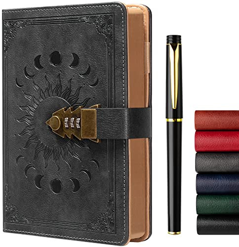 Journal intime avec serrure pour femmes hommes, journal secret pour filles, carnet d'écriture en cuir rechargeable, format A5 (8,5 × 5,9 pouces)