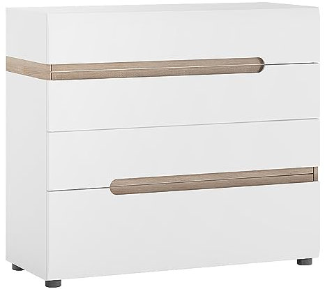 Lomadox Schubkastenkommode in weiß Hochglanz mit Trüffel Eiche Nb., B/H/T ca. 96/86,5/42 cm