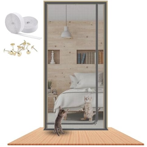 LAIJIANG Cat Screen Door Thickened Pets Proof Screen Door Cat Resistant Mesh Screen Door Dog Cat Scratch Proof Screen With Zipper For Living Room, Bedroom, Kitchen (Color : Black, Size : 90x210cm)