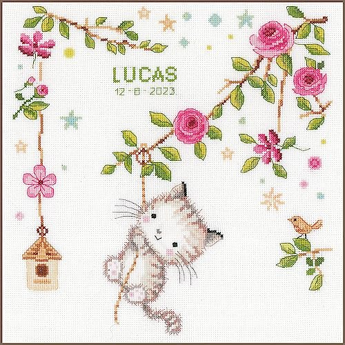 Vervaco Gezählter Kreuzstich Stickpackungen Stickset Baby Geburt Freches Kätzchen Wanddekoration Handarbeit Set für Erwachsene Kreatives Handwerk ca. 30 x 31 cm Geburt Geschenk Hausdeko