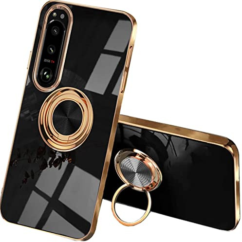 UPLAI Stilvoll Hülle für Sony Xperia 10 IV, Slim Stoßfest Galvanik-Design Handyhülle Case mit Ringhalter, Sanft TPU Silikon Bumper Schutzhülle Cover.Schwarz