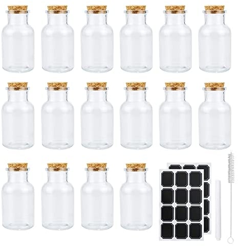 BiBiFly 16 Pack 150ml Clear Glass Bottle Jars with Cork Lids, Reusable Glass Spice Jars Storage Containers for Tea, Herbs, Spices, Seasonings, Party Favors, Candies or Craft & Gifts