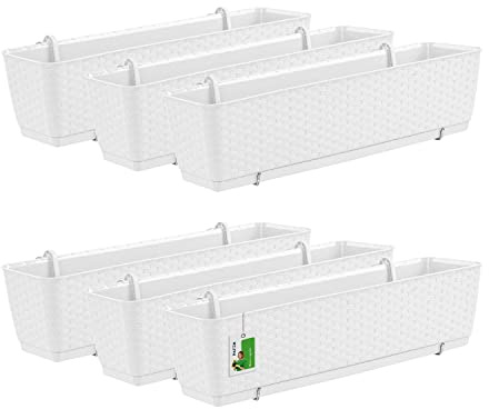 PAFEN 6X Blumenkasten Blumentopf 10L mit Halterungen - 585 x 145 x 155 mm - Rattan-Optik Pflanztopf Balkonkasten Pflanzkästen Befestigungshaken, Weiß