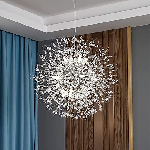EFPD Kristall-Kronleuchter, Pusteblume, 12-flammiger moderner runder Feuerwerk-Kronleuchter, silberner Edelstahl-Kronleuchter für Esszimmer Schlafzimmer Wohnzimmer Mädchenzimmer