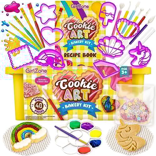 GirlZone Kit de Repostería Galletas Artísticas, Decora Galletas Usando Accesorios para Horneado como Plantillas, Pinceles y Cortadores para Niños, Cookie Art Bakery Kit