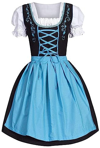 Brautanzug Damen Hochzeit in Übergröße mit eckigem Ausschnitt, Schürze, Oktoberfest-Biermädchen-Kostüm (Blue, XL)