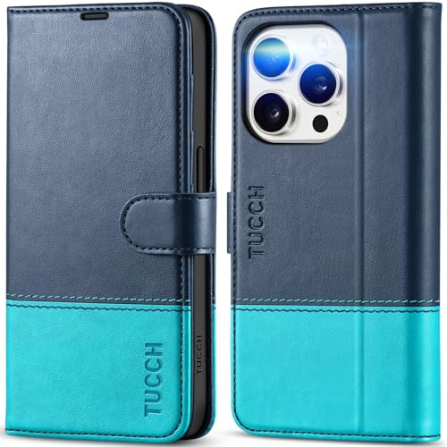 TUCCH Wallet Case for iPhone 15 Pro (6.1) 2023, Magnetic PU Leather Stand Flip Stand Foldable Cover with[RFID Blocking][Card Slots][Shockproof TPU] Compatible with iPhone 15 Pro 5G, Blue & Lake Blue