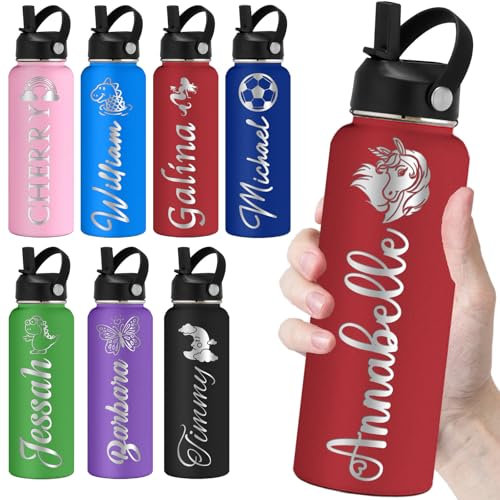 kioskbanks Personalized Water Bottles with Straw 40oz Custom Engraved Water Bottle for School Customized Name Double Wall Insulated-Red