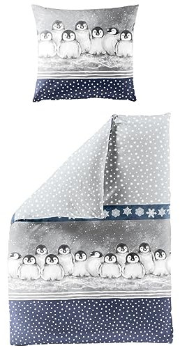 Bierbaum Biber Bettwäsche in 135x200 + 80x80 cm 3736-20 Pinguin Schneeflocke grau blau Made in Germany
