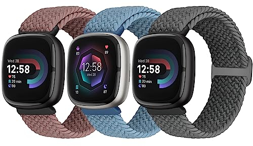 Yunshare 3 Stück Geflochtenes Armband Kompatibel mit Fitbit Versa 4 /Fitbit Sense 2/Fitbit Versa 3/Fitbit Sense, Weiches Elastisch Nylon Sport Solo Loop Ersatzband Damen Herren