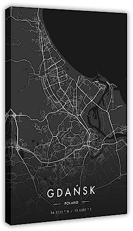 Danzig Stadtkarte Dunkles Poster Leinwand Poster Wandkunst Dekor Druck Bild Gemälde für Wohnzimmer Schlafzimmer Dekoration Rahmen: 40 x 60 cm