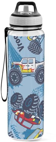 Botella de agua deportiva Monster Truck Cars Tritan con pajita, grande, 1000 ml, sin BPA, transparente, a prueba de fugas, para niños, niñas, mujeres, hombres, gimnasio, escuela
