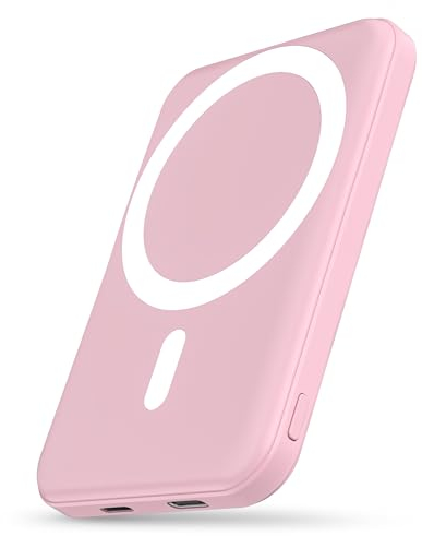 Podoru for Magnsafe Power Bank, 5000mAh Wireless Power Bank with Type-C Cable PD 20W Mini Fast Charging Input Mag-safe battery pack, Compatible with MagSafe for iPhone 16/15/14/13/12 Pro/Pro Max-Pink