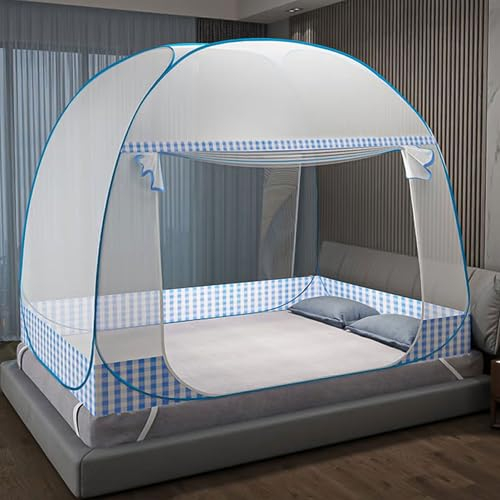Faltbares Moskitonetz - Tragbar für Reise, Doppeltür Pop-Up, Groß für Bett, Schlafzimmer, Outdoor, Camping, Picknick (Blau, 200x150x150 cm)
