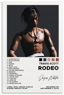 Shmaicheho Póster Travis de Scott Rapper, álbum musical, rodeo, lienzo, decoración de pared, sala de estar, dormitorio, pósteres de 30 x 45 cm, estilo sin marco