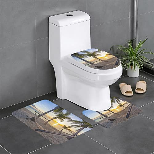 AUBKFELD Paradise Beach Palmen bedrucktes Badematten-Set, 3-teilig, rutschfeste Badezimmerteppiche, Badematte und WC-Sitzbezug