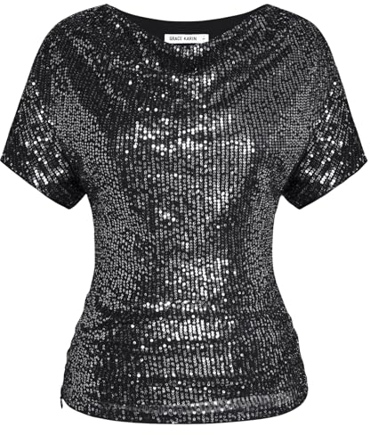GRACE KARIN Damen Elegante Gold Pailletten Party Tops Batwing Ärmel Glitzer Party Bluse Schwarz-Silber M