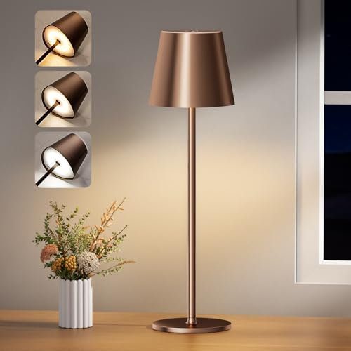 PreeOtti Tischlampe Kabellos, Dimmbare Tischleuchte Akku LED mit 3 Farbtemperatur, Stufenlos Dimmbar, Touch Lampe mit USB-C Aufladbar für Outdoor Nachttisch Esstisch Camping(Braun)