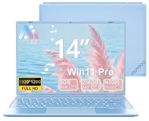 NOTODD PC Portable 14 Pouces 8+256GB SSD Soutien Extension 1TB | PC Portable 4 cœurs Celeron N5095 (jusqu'à 2,9 GHz), Ordinateur Portable Win11 avec 5G WiFi 1920x1200 BT4.2-Bleu