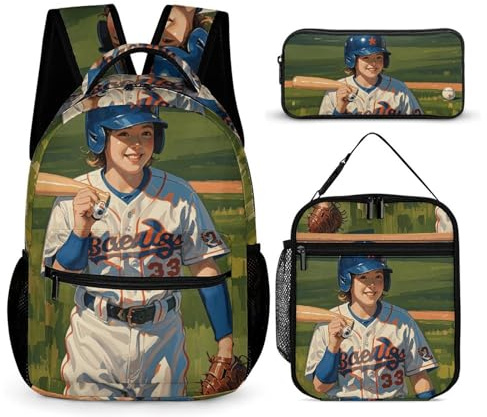 VFKLT 3 Pcs Backpack Set Baseball Travel Bag Portable Casual Daypack Sports Backpacks with Lunch Box Pencil Case, Baseball, One Size, Rucksack Backpacks