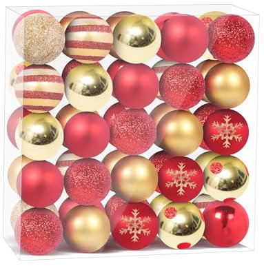 Norvens Christmas Tree Balls Set - 50 Pcs Shatterproof Ornaments, 9 Styles 4 CM Matte and Glitter Xmas Hanging Decor, Gold and Red