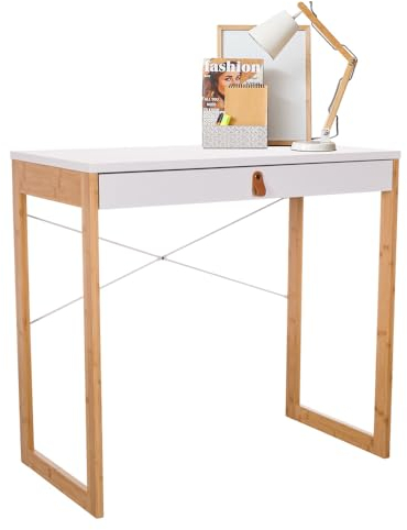 hjh LIVING Bureau avec 1 tiroir 80x42 cm TAROLO II piétement Bambou, Petite Table de Style scandinave, Table d'ordinateur Blanc