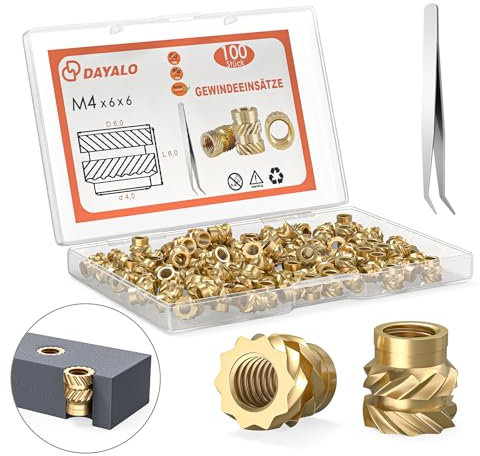 Dayalo M4 Gewindeeinsatz, 100 Stück M4x6x6 Einpressmuttern für 3D Druck Zubehör, Messing Gewindebuchsen, Durch Wärme in 3D-Druck-Teile aus Kunststoff Einsetzbar