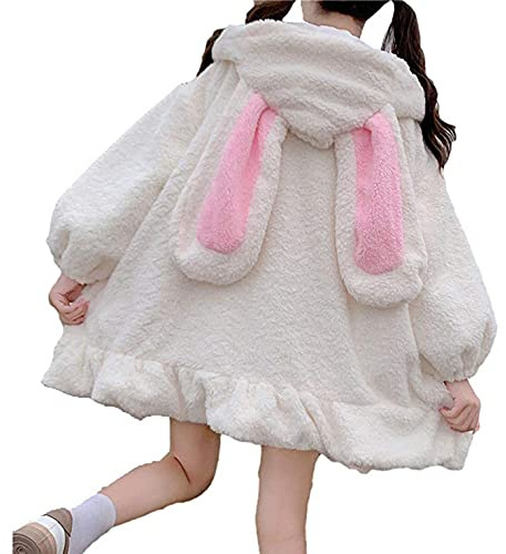 Frauen Süße Warme Jacke Lolita Kleid Japanischer Stil Herbst Winter Kawaii Weiche Lammwolle Rüschen Kaninchenohren Kapuzenmäntel Mädchen Parkas Outwear
