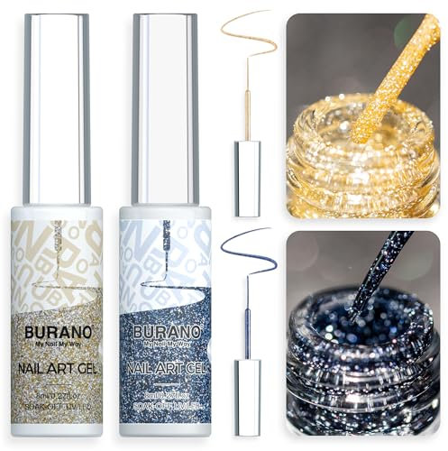 BURANO UV Nagellack, Silber Gold Farben UV Lack Gel Nägel Nageldesign 2 Flasche 8ml Gel Liner Nail Art, Nagellack Nail Polish French Gelnägel Farben (gold)