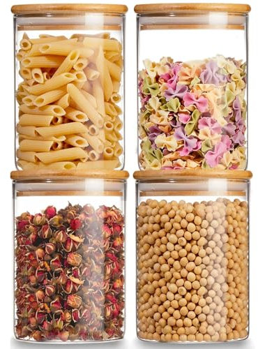 Glass Storage Jars with Lids High Borosilicate Glass Clear Airtight Food Storage Container Jar with Sealing Lid, Tea, Coffee Beans, Flour, Candy, Cookie, Spice, Cereal (750ML-4Pcs)