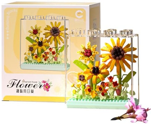 Darryy Super Mini Flower Box, Set di Blocchi di Costruzione di Fiori, Blocco di Costruzione di Bouquet con Squisite Scatole di Imballaggio, Buon Regalo, Fiori Conservati (Girasole)