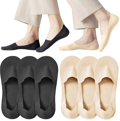 LUFFLOK Women's 6 Pairs Non Slip Invisible Socks, Ultra Low Cut Liner Socks, Cool Ice Silk Socks for Loafer Flats Boat Shoes Canvas, Nude+Black