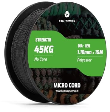 Kamu Synber Micro Cord 1.18mm Paracord Braided Rope 15m Spool for Bracelet, Crafting, Jewelry Making, Key Chains | Support 45kg | Black