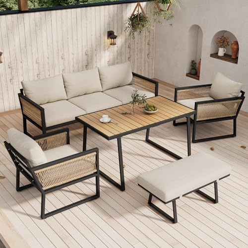 Gartenmöbel Set 5-TLG, Garten Essgruppe mit 3er Sofa, 2 Sessel, Hocker und Esstisch, Gartenlounge Balkonmöbel Set mit Kissen, Outdoor Lounge Gartengarnitur Sitzgruppe Essgruppe (Beige, 6 Personen)