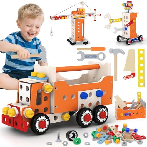 deAO Outils Enfant Jouet en Bois, 124 Pièces Boite a Outils Jouet en Bois Bricolage pour Enfant 3 Ans, Voiture Jouet en Bois, Grue à Outils, Robot d'Outillage, Montessori Educatifs Cadeau Garcon Fille