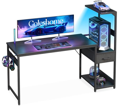 Coleshome 138×48 cm Gaming Desk with LED Lights, Carbon Fiber Black | Reversible Computer Desk with Drawers & Display Shelves for Small Spaces, Gaming Table for Home Offices, Easy Assembly Design
