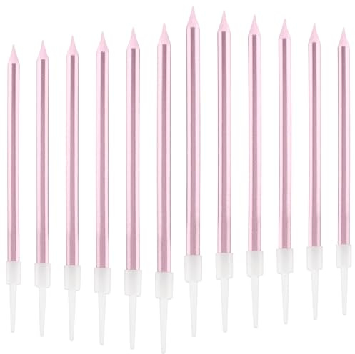 12pcs Long Thin Birthday Candles Set,Rose Gold Birthday Decorations for Women Girls,Party Candle,Rose Gold Candle for Cake,Metallic Candles for Themed Party,Cake Decorations,Wedding Anniversary