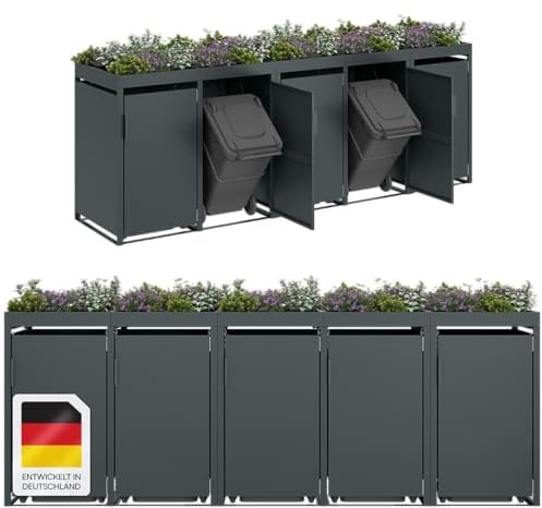 STEELSØN Thoria Mülltonnenbox 5er bis 240L mit Pflanzendach – Mülltonnenverkleidung aus Stahl für 5 Tonnen – Müllcontainer in Anthrazit – Müllbox mit Pflanzenkasten – Gerätebox 125x80x337 cm (HxTxB)