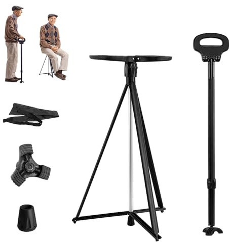 Gehstock mit Sitz, 2 in 1 Sitzstock mit Tragetasche, Gehstock Klappbar für Erwachsene und Senioren, Leicht, Belastung 150 kg, Robuster Stativsitz für Outdoor