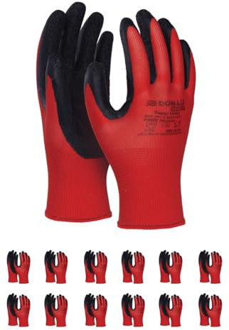 DONAU SAFETY Guanti da lavoro con rivestimento in lattice/uomo donna/taglia 09, 12 paia/rosso/nero/montaggio/guanti da montaggio/per lavori di montaggio meccanico servizio trasporto e lavori di