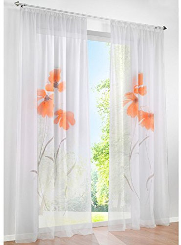 1 Stück Gardine mit Blumen Druck Floral Design Vorhang Transparent Voile Vorhänge (BxH 150x245cm, Orange mit Kräuselband)