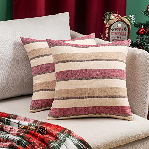 MIULEE Kissenbezüge Streifen Kissenhülle Leinenoptik Sofakissen Dekorative Kissenbezug Dekokissen Deko Couchkissen Bezug für Sofa Couch Schlafzimmer Wohnzimmer 2er Set 40x40 cm Rotwein