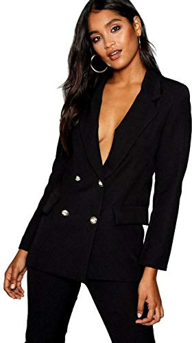METLUQ M0D4 Ladies Women Collared Gold Button Double Breasted Duster Coat Jacket Blazer Plus Size (Black, UK 16-18 XL)