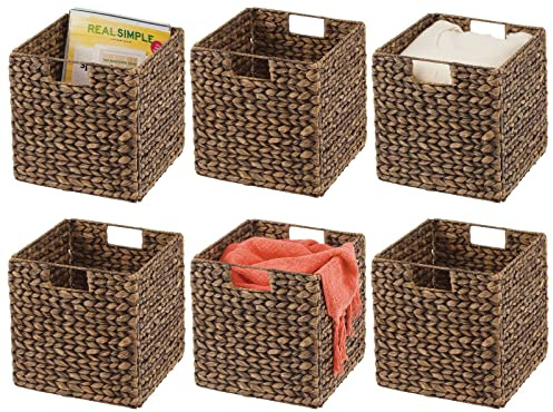 mDesign Set of 6 Storage Basket – Foldable Water Hyacinth Storage Box – Basket Storage Unit Ideal for Storing Clothes, Toys or Magazines – with Wickerwork Pattern – Brown Wash