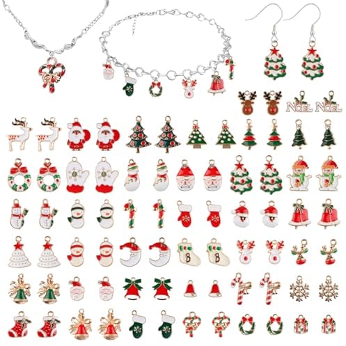 EBANKU 76Pcs Christmas Enamel Gold Charms for Jewelry Making, Assorted Gold Charms for Christmas DIY Necklace Bracelet Earrings Making Crafting Decoration