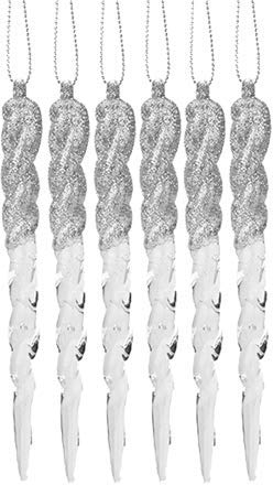 Snow White 6 Pack 12cm Acrylic and Glitter Icicles Christmas Tree Decoration - Silver