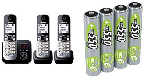 Panasonic KX-TG6823GB DECT Schnurlostelefon mit Anrufbeantworter (3 Mobilteile) schwarz & ANSMANN Akku AAA 550 mAh NiMH 1,2 V (4 Stück) - Micro AAA Batterien wiederaufladbar