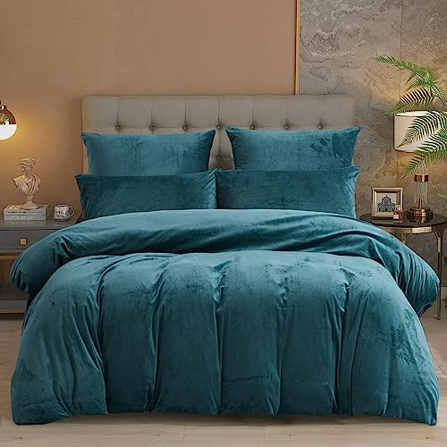 Damier Winter Plüsch Bettwäsche 155x220cm Türkis Petrol Cashmere Touch Warme Bettwäsche Set 3 Teilig - 1 Bettbezug 155 x 220 cm mit Reißverschluss und 2 x Kopfkissenbezug 80 x 80 cm