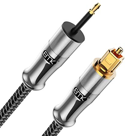 EMK 24K Gold Plated Toslink to Mini Toslink Cable Digital Nylon Braided Optical Audio Cable 3.5 mm Mini Optical Cable for Home Theater, Sound Bar (5 Feet/1.5M, 3.5MM Mini Toslink, Silver)