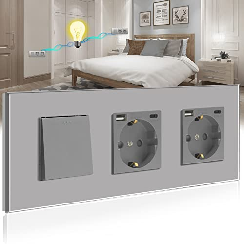 BSEED Lichtschalter mit Steckdose 1 Fach 2 Wege,Wandschalter mit 16A Schuko Steckdose mit Doppel USB Anschluss (Max. 2.1A) Typ C Port Grau,Physische Unterputz Wechselschalter mit Steckdose- 228mm